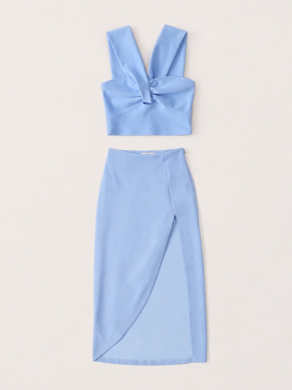 Abercrombie & Fitch Light Blue Elevated Midi Skirt + Asymmetrical Cutout Top Set